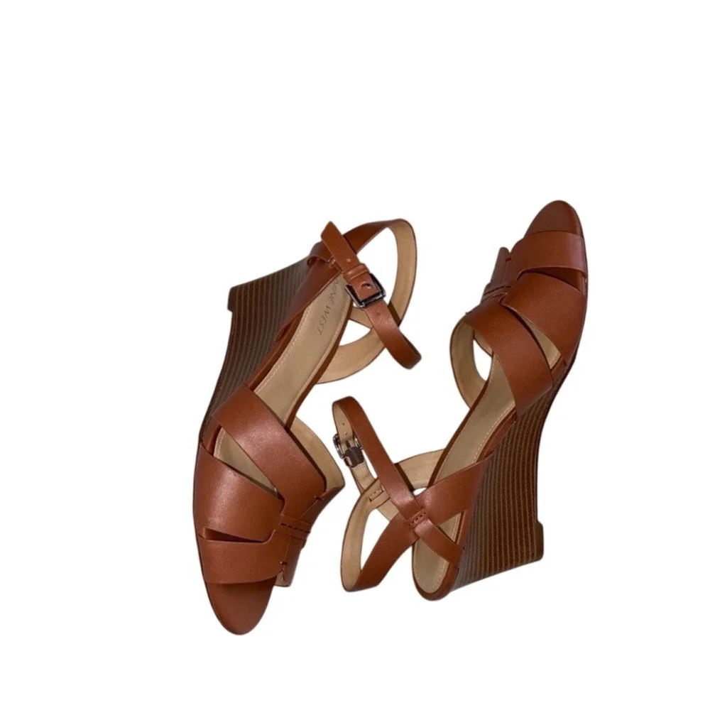 Nine‎ West Women 8 Janie Kitten Wedge Brown Rich Leather Luxury Cruise Resort